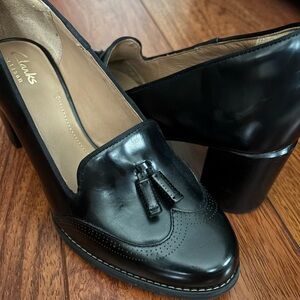 Leather Clarks Black Women's Heels with Tassel Detail 7.5